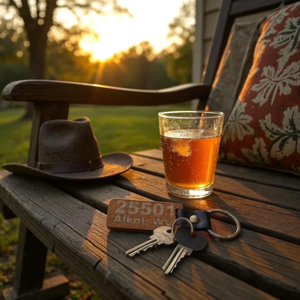 Laser Engraved wooden keychain with a leather bound keyring featuring the zip code and name of the town Alkol, WV, sitting on a wooden bench at sunset.