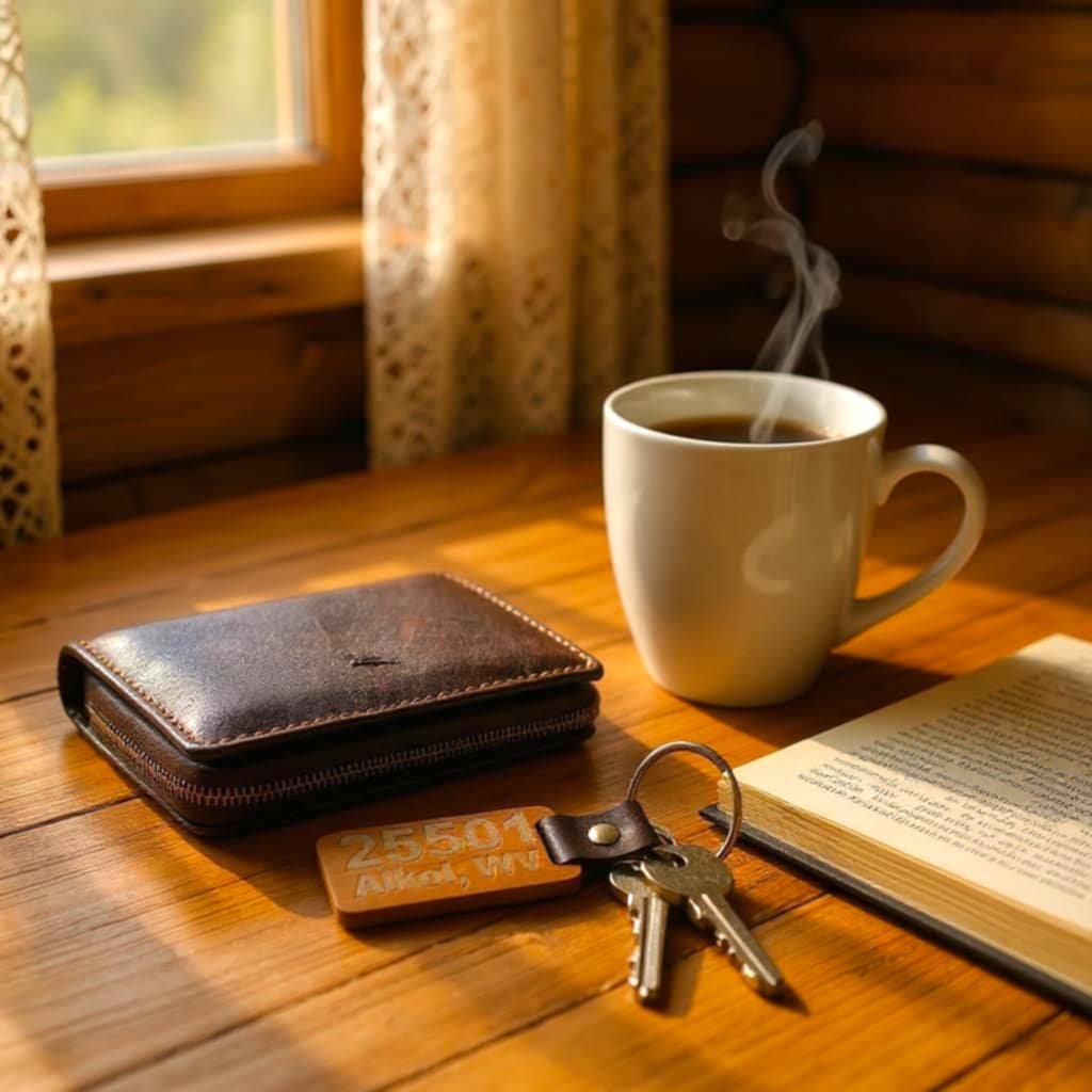 Laser engraved wooden keychain with a leather bound keyring designed with the zip code and name of the town Alkol, WV, sitting on a wooden desk. 