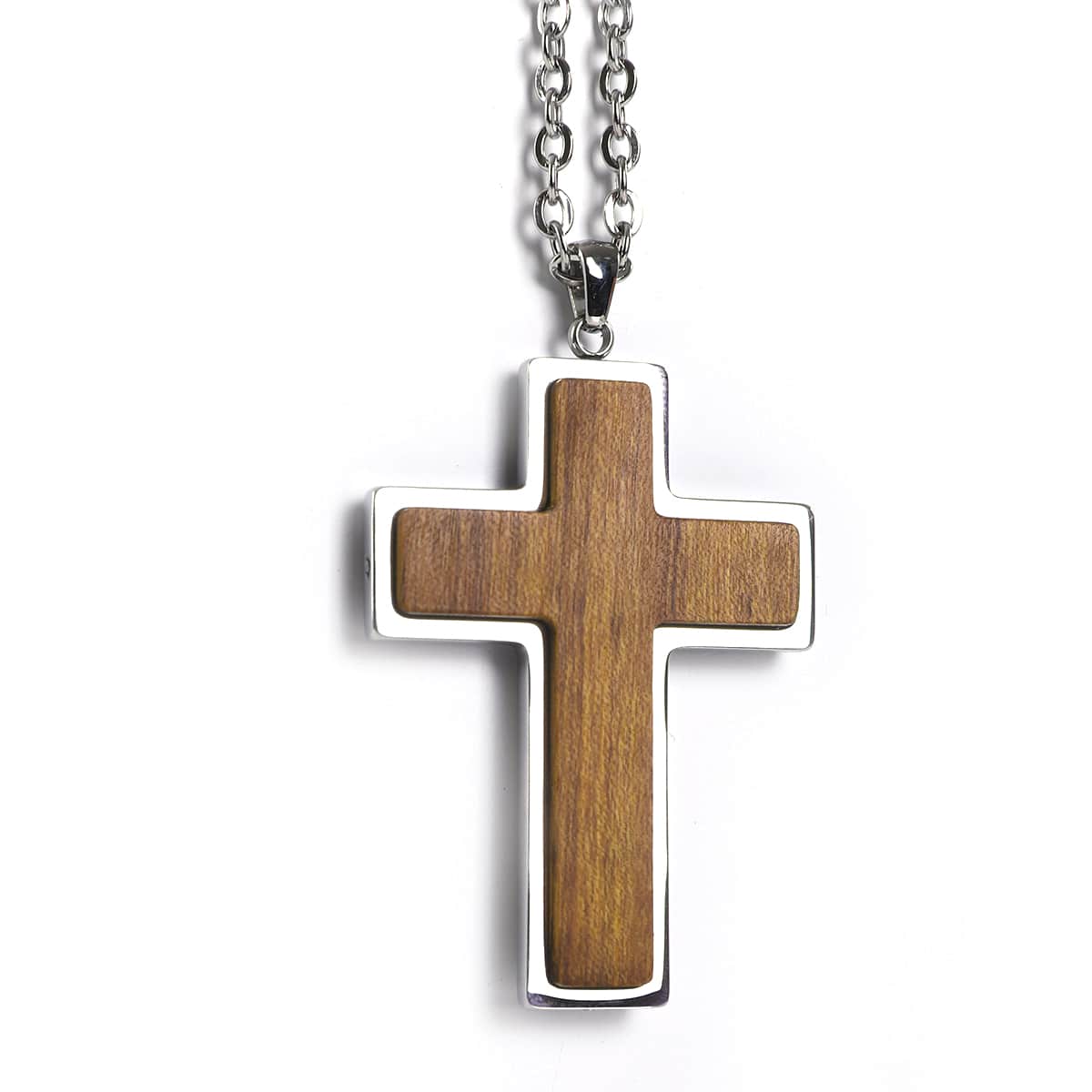 Wooden cross pendant with Ironwood on a silver chain against a white background