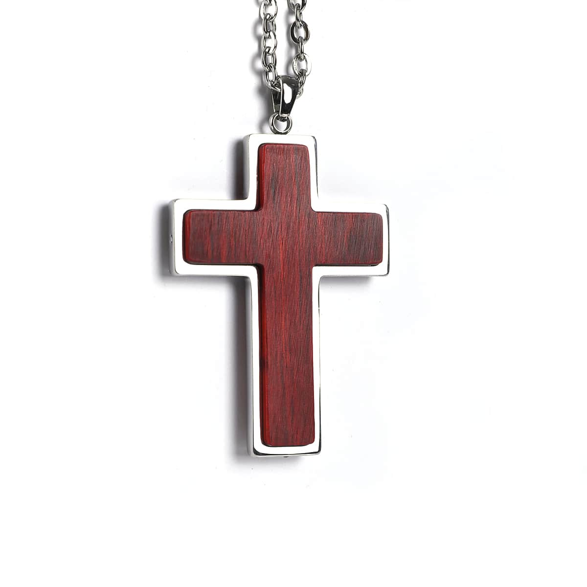 Wooden cross pendant  with Rosewood on a chain against a white background