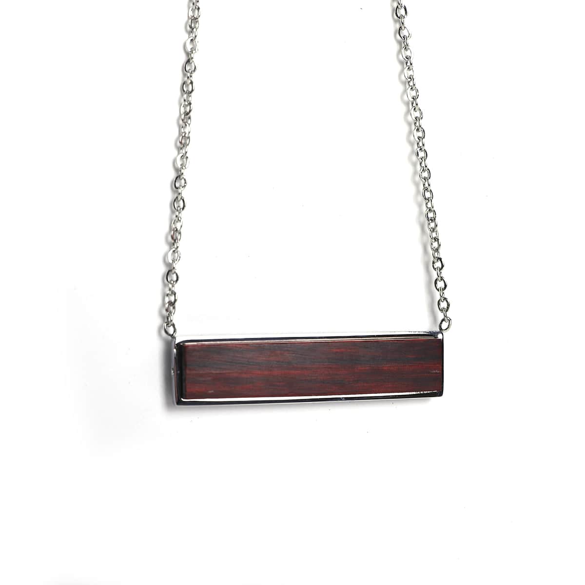 Necklace with a horizontal rectangular Rosewood pendant on a white background