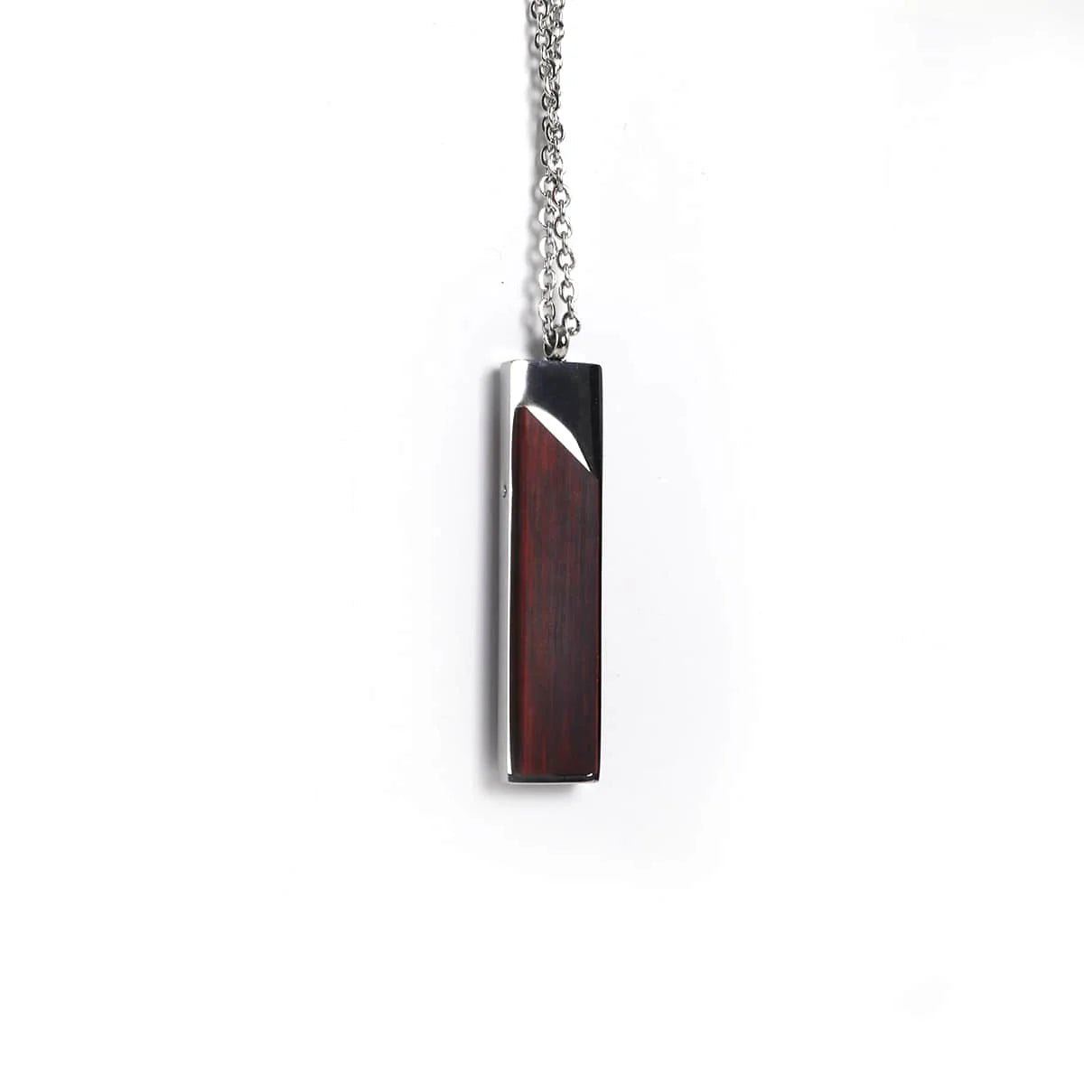 Necklace with a vertical Rosewood rectangular pendant on a white background
